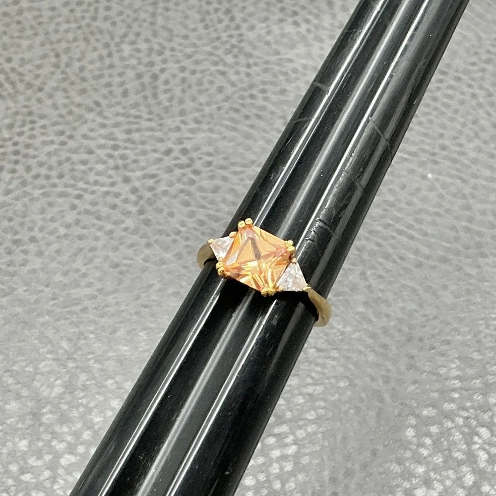 Ring Size 9 Gold Tone Champagne Square Stone Clear Sides Cocktail Womens Jewelry